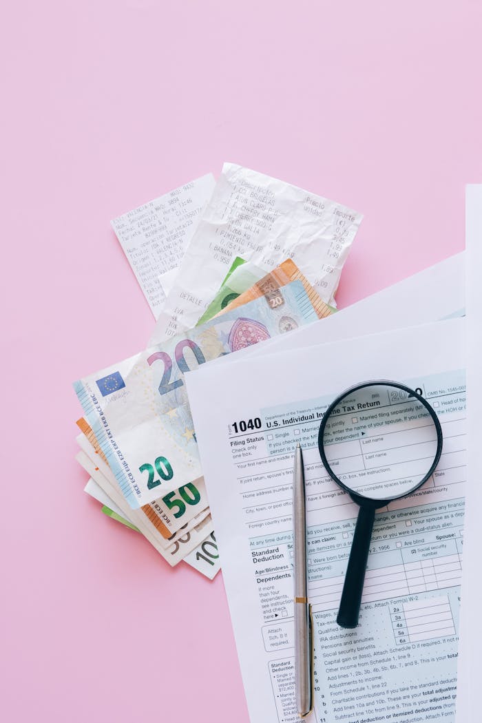 services-03 A collection of financial papers, including euro notes, tax return forms, and receipts on a pink surface.